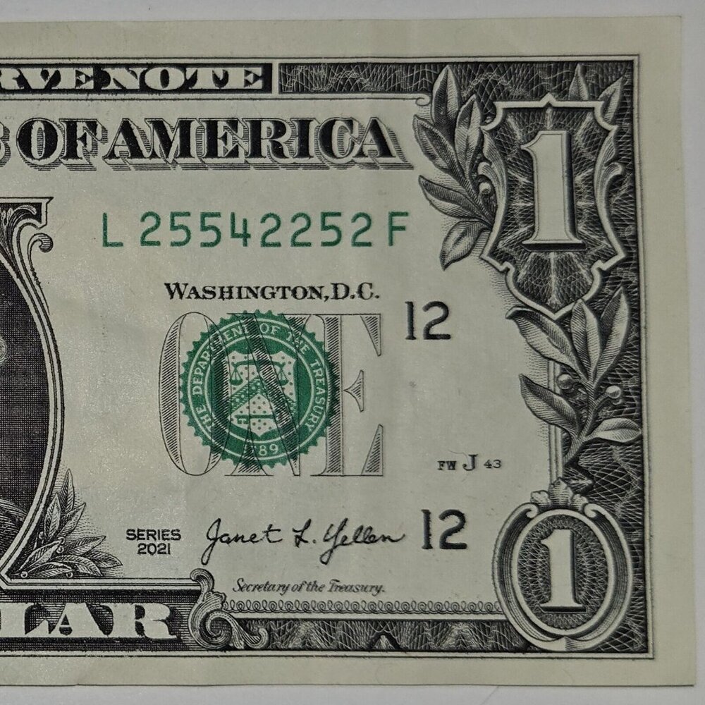 Trinary Note 2021 UNC One Dollar Bill L25542252F Fancy Serial Number‎ (B344)